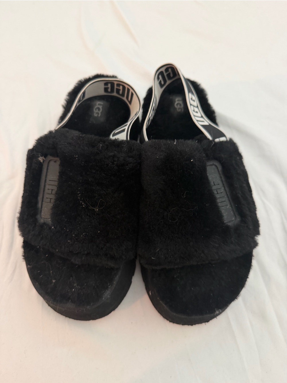 UGG Kids Black Fuzz Slide with Branded Heel Strap